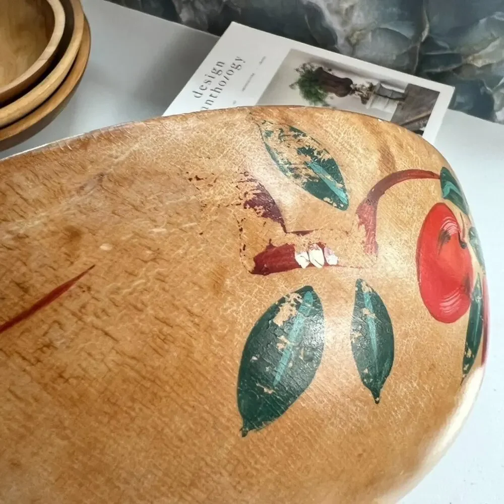 Vintage Hand Painted Wooden Dough Bowl Cherry Motif Japan Hand Turned 9 3/4